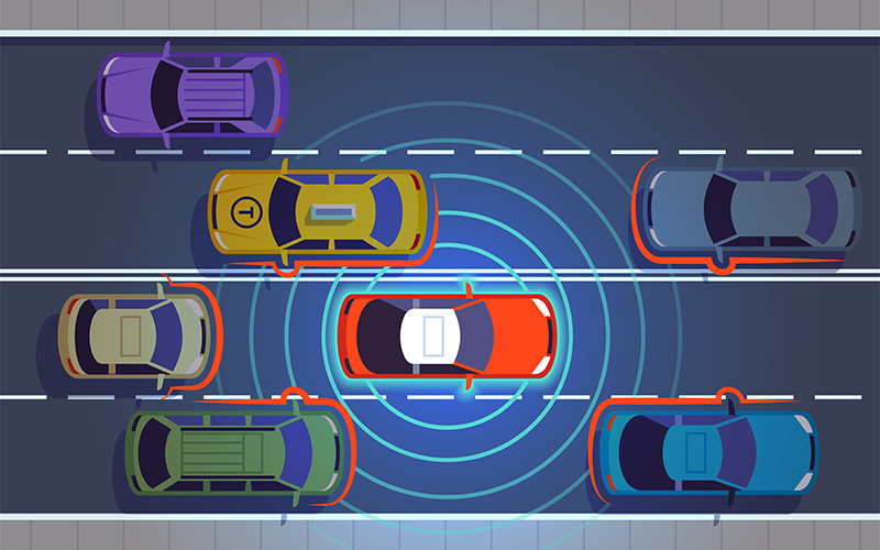 Autonomous driving concept red car detects surroundings with radar-like sensor rings.