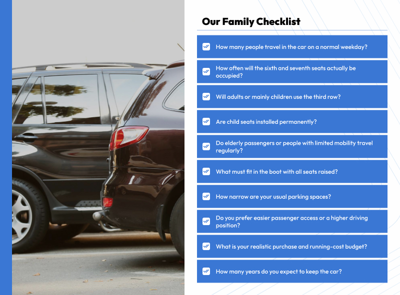 Checklist comparing family MPV and SUV car buying factors.
