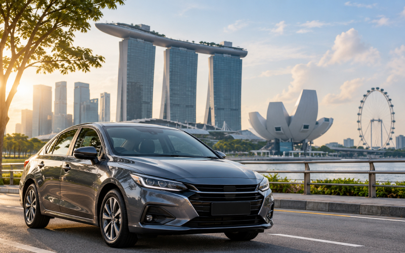 Sedan suitable for private hire driving parked near Singapore skyline